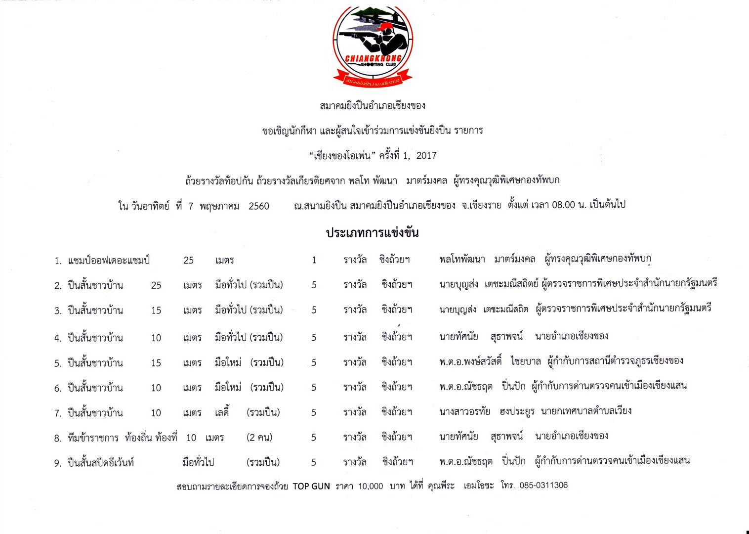 เรียนเชิญนักกีฬายิงปืนทุกท่านเข่าร่วมการแข่งขันยิงปืน ชิงถ้วยรางวัลเกียรติยศ พลโท พัฒนา มาตร์มงคล ผู้ทรงคุณวุฒิพิเศษกองทัพบก และ นาย บุญส่ง เตชะมณีสถิตย์ ผู้ว่าราชการจังหวัดเชียงราย เชียงของโอเพ่น ครั้งที่ 1 7 พฤษภาคม 2017 ณ สนามยิงปืน สมาคมยิงปืนอำเภอเชียงของ จ.เชียงราย