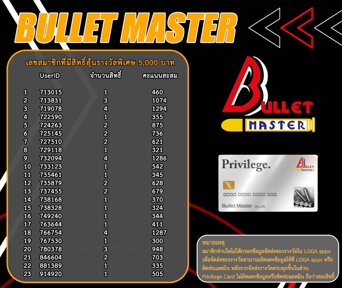 เลขสมาชิกลุ้นรางวัล กับ Bullet Master